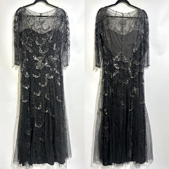 Jenny Packham Black embellished beaded sequin tulle Evening gown Dress size 12